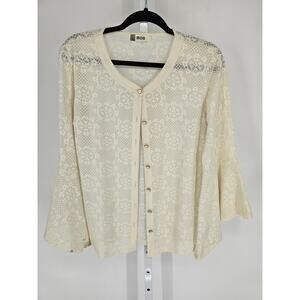 MOB Womens Sz L Button Up Bell Sleeve Blouse Cream Lace Boho